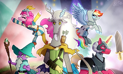 Size: 2812x1693 | Tagged: safe, artist:monnarcha, big macintosh, discord, pinkie pie, rainbow dash, spike, pony, unicorn, dungeons and discords, g4, bard pie, captain wuzz, clothes, dungeons and dragons, garbuncle, ogres and oubliettes, race swap, rainbow rogue, roleplaying, sir mcbiggen, unicorn big mac
