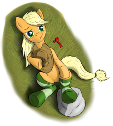 Size: 2368x2616 | Tagged: safe, artist:cluvry, applejack, earth pony, pony, g4, clothes, female, high res, looking at you, loose hair, mare, on back, smiling, socks, solo, straw, striped socks, thigh highs