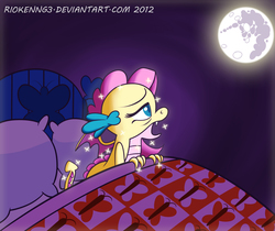 Size: 1188x1000 | Tagged: safe, artist:riokenng3, fluttershy, dragon, g4, baby dragon, bed, dragonified, flutterdragon, mare in the moon, moon, solo, sparkles, species swap, transformation, waking up