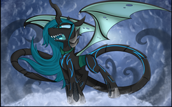 Size: 2560x1600 | Tagged: safe, artist:dangercloseart, queen chrysalis, changeling, changeling queen, g4, cloud, fangs, female, fusion, glare, long tail, looking up, nightmare, nightmare chrysalis, nightmarified, open mouth, sharp teeth, slit pupils, solo, spread wings, standing, teeth, wing claws, wings