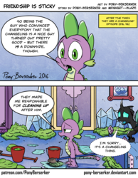 Size: 1032x1332 | Tagged: safe, artist:pony-berserker, spike, thorax, changeling, dragon, g4, the times they are a changeling, bed, bedroom, bucket, changeling slime, comic, dialogue, dirty, fangs, looking at you, male, mop, slime, unamused