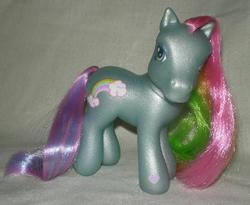 Size: 486x399 | Tagged: safe, photographer:lancer, rainbow dash (g3), earth pony, pony, g3, female, irl, mare, photo, solo, tail, toy