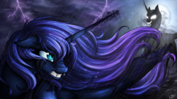 Size: 3840x2160 | Tagged: safe, artist:lupiarts, nightmare moon, princess luna, alicorn, pony, g4, angry, cloud, crying, duality, fangs, female, floppy ears, frown, glare, glowing eyes, grin, gritted teeth, high res, lightning, magic, mare, moon, night, nightmare luna, nose wrinkle, rain, shadow, smiling, storm