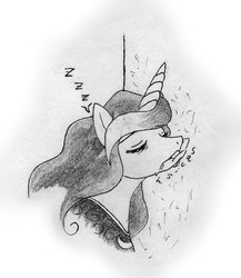 Size: 389x448 | Tagged: safe, artist:pixel-penguin-da, princess luna, alicorn, pony, g4, black and white, female, grayscale, insomnia, monochrome, pencil drawing, pixel pengun, sleeping, sleepy, solo, traditional art, zzz