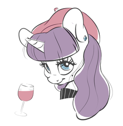 Size: 1260x1296 | Tagged: safe, artist:chef j, rarity, g4, alcohol, beatnik rarity, beauty mark, beret, bust, clothes, ear piercing, earring, female, hat, jewelry, piercing, portrait, simple background, solo, wine