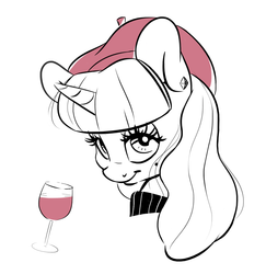 Size: 1260x1296 | Tagged: safe, artist:chef j, rarity, g4, alcohol, beatnik rarity, beauty mark, beret, bust, clothes, ear piercing, earring, female, hat, jewelry, piercing, portrait, simple background, solo, wine