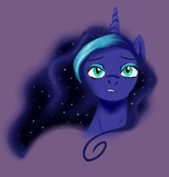 Size: 326x342 | Tagged: safe, artist:pixel-penguin-da, princess luna, g4, bust, colored, ethereal mane, female, galaxy mane, horn, mare, palindrome get, portrait, purple, purple background, simple background, solo