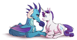 Size: 1707x902 | Tagged: dead source, safe, artist:celeriven, princess ember, rarity, dragon, pony, g4, bedroom eyes, eye contact, female, lesbian, looking at each other, mare, prone, ship:emberity, shipping, simple background, smiling, white background