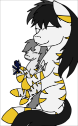 Size: 795x1277 | Tagged: safe, artist:enter24, oc, oc only, oc:fire tern, oc:jeshi, pony, unicorn, zebra, family, hug, hugception, micro, shrink, size difference