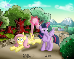 Size: 3755x3013 | Tagged: safe, artist:lars99, fluttershy, twilight sparkle, alicorn, pegasus, pony, g4, barbed wire, glowing horn, high res, horn, magic, telekinesis, tree, twilight sparkle (alicorn), watchtower