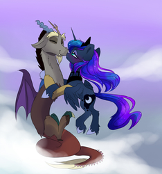 Size: 2469x2640 | Tagged: safe, artist:elementalokami, discord, princess luna, g4, blushing, cloud, high res, male, ship:lunacord, shipping, straight