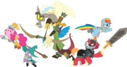 Size: 5647x3000 | Tagged: safe, artist:jeatz-axl, big macintosh, discord, pinkie pie, rainbow dash, spike, draconequus, dragon, pegasus, pony, unicorn, dungeons and discords, g4, absurd resolution, arrow, bard, bard pie, bow (weapon), bow and arrow, captain wuzz, dungeons and dragons, fantasy class, female, garbuncle, helmet, horned helmet, magic, male, mare, ogres and oubliettes, parsnip, race swap, rainbow rogue, rogue, roleplaying, simple background, sir mcbiggen, staff, stallion, sword, transparent background, unicorn big mac, vector, weapon
