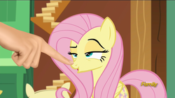 Size: 1920x1080 | Tagged: safe, edit, edited screencap, screencap, fluttershy, pegasus, pony, dungeons and discords, g4, boop, boop edit, cute, faic, female, finger, hand, lidded eyes, mare, open mouth, raised eyebrow, shyabetes, smiling, solo, sweet dreams fuel
