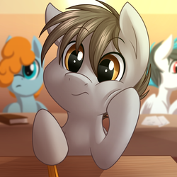 Size: 4000x4000 | Tagged: safe, artist:sugaryviolet, oc, oc only, oc:ginger tea, oc:winter unique, pegasus, pony, bored, colt, foal, head on hoof, male, pencil, school