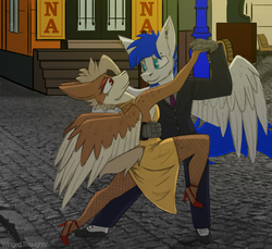 Size: 4451x4073 | Tagged: dead source, safe, artist:php122, oc, oc only, oc:ruby rustfeather, oc:wingedthoughts, hippogriff, pegasus, anthro, absurd resolution, anthro oc, argentina, clothes, couple, dancing, dress, grabby boi, night, piercing, smiling, talons, tango, tuxedo