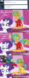 Size: 1280x3429 | Tagged: safe, artist:kryptchild, rarity, snails, oc, oc:doppel, changeling, pony, ask glitter shell, comic:when aero met glitter, g4, angry, ask, clothes, comic, crossdressing, dress, eyes closed, glitter shell, jewelry, looking at you, my little changeling, necklace, pearl, pearl necklace, red dress, run away, shoes, tail bow, tumblr