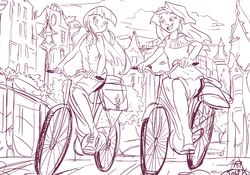 Size: 1156x808 | Tagged: safe, artist:jowyb, sunset shimmer, twilight sparkle, equestria girls, g4, amsterdam, bicycle, humanized, monochrome, netherlands, north holland