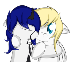 Size: 1280x1059 | Tagged: safe, artist:nevaylin, oc, oc only, oc:softshell, oc:whiteout, hybrid, pegasus, pony, changeling pony mule, colored pupils, female, hug, kissing, lesbian, love, mare, oc x oc, shipping