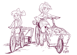 Size: 1085x779 | Tagged: safe, artist:jowyb, apple bloom, applejack, equestria girls, g4, apple, bicycle, duo, food, humanized, monochrome