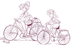 Size: 1081x718 | Tagged: safe, artist:jowyb, rarity, sweetie belle, equestria girls, g4, bicycle, humanized, monochrome