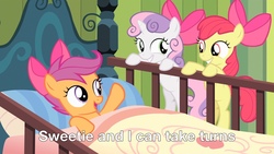 Size: 1280x720 | Tagged: safe, screencap, apple bloom, scootaloo, sweetie belle, earth pony, pony, g4, season 4, somepony to watch over me, apple bloom's bow, bed, bow, caption, cutie mark crusaders, hair bow, out of context