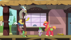 Size: 1359x767 | Tagged: safe, screencap, big macintosh, discord, spike, earth pony, pony, dungeons and discords, g4, discovery family logo, male, reference, stallion, star trek