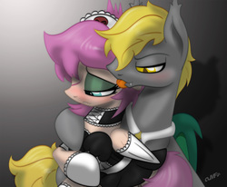 Size: 2500x2059 | Tagged: safe, artist:miniferu, oc, oc only, oc:dante, oc:warden, bat pony, pony, clothes, high res, licking, maid, tongue out, wardante