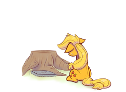 Size: 1280x931 | Tagged: safe, artist:heir-of-rick, applejack, g4, applejack's parents, female, floppy ears, gravestone, missing accessory, sad, sitting, solo, tree stump