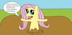 Size: 1615x787 | Tagged: safe, artist:amateur-draw, fluttershy, pegasus, pony, g4, 1000 hours in ms paint, bait, bronybait, bust, dialogue, engrish, female, mare, ms paint, mud, quicksand, sinking, smiling, solo