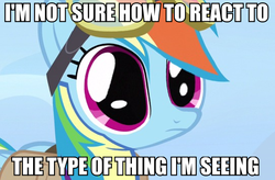 Size: 540x354 | Tagged: safe, edit, edited screencap, screencap, rainbow dash, g4, wonderbolts academy, female, flight suit, goggles, solo, wonderbolt trainee uniform