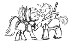 Size: 2600x1600 | Tagged: safe, artist:vistamage, big macintosh, rainbow dash, pegasus, pony, unicorn, dungeons and discords, g4, bedroom eyes, female, grayscale, lip bite, looking at each other, male, mare, monochrome, profile, race swap, rainbow rogue, ship:rainbowmac, shipping, simple background, sir mcbiggen, sketch, spread wings, stallion, straight, unicorn big mac, white background, wings