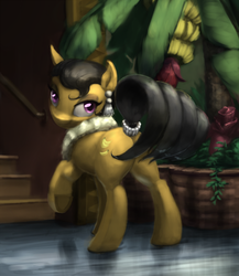 Size: 739x853 | Tagged: safe, artist:bakuel, cleopatra jazz, earth pony, pony, dungeons and discords, g4, butt, covering, female, looking back, plot, raised hoof, smirk, solo, stairs, tail covering