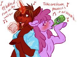 Size: 1043x770 | Tagged: safe, artist:cartoonlion, berry punch, berryshine, oc, oc:rum chaser, pony, g4, alcohol, blushing, canon x oc, clothes, drinking, hawaiian shirt, shipping, singing, unshorn fetlocks