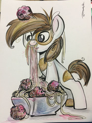 Size: 1280x1707 | Tagged: safe, artist:sara richard, pipsqueak, earth pony, g4, colt, foal, food, male, messy, pasta, pipsqueak eating spaghetti, solo, spaghetti, traditional art