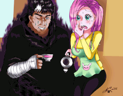 Size: 2179x1695 | Tagged: safe, artist:manhunterj, fluttershy, human, g4, animated, berserk, clothes, crossover, duo, gif, giving up the ghost, guts (berserk), humanized, sweater, sweatershy