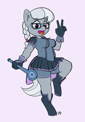 Size: 1280x1826 | Tagged: safe, artist:pabbley, silver spoon, earth pony, anthro, unguligrade anthro, g4, 30 minute art challenge, boots, braid, braided ponytail, clothes, compression shorts, female, glasses, open mouth, peace sign, pleated skirt, ponytail, shorts, simple background, skirt, solo