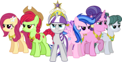 Size: 1600x819 | Tagged: safe, artist:imperfectxiii, cloudy quartz, cookie crumbles, firefly, posey shy, twilight velvet, oc, oc:red splendor, earth pony, pegasus, pony, unicorn, g1, g4, alternate mane six, alternate universe, applejack's mom, big crown thingy, braid, braided tail, cowboy hat, element of generosity, element of honesty, element of kindness, element of laughter, element of loyalty, element of magic, elements of harmony, female, flower, flower in hair, g1 to g4, generation leap, group, hat, jewelry, mare, mom six, mother, mothers of harmony, raised hoof, regalia, simple background, transparent background, vector