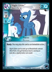 Size: 344x480 | Tagged: safe, enterplay, double diamond, night glider, party favor, pegasus, pony, g4, high magic, my little pony collectible card game, ccg, female, looking down, male, mare, merchandise, solo focus, stallion