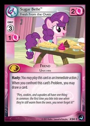 Size: 344x480 | Tagged: safe, enterplay, sugar belle, g4, high magic, my little pony collectible card game, ccg, cupcake, female, food, merchandise, pie, solo, table