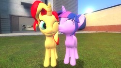 Size: 1360x768 | Tagged: safe, artist:mk513, sci-twi, sunset shimmer, twilight sparkle, pony, unicorn, g4, 3d, equestria girls ponified, female, gmod, kissing, lesbian, mare, ponified, ship:sci-twishimmer, ship:sunsetsparkle, shipping, unicorn sci-twi