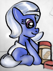 Size: 1500x2000 | Tagged: safe, artist:thegreatmewtwo, trixie, pony, unicorn, g4, baby, diaper, female, foal, food, mare, peanut butter, solo