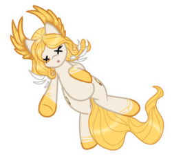 Size: 500x465 | Tagged: safe, artist:starletnightwind, oc, oc only, oc:mercury stratos, big ears, cute, ear feathers, floating wings, on back, passed out, telegram sticker, x eyes