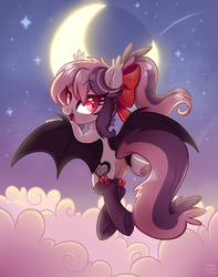 Size: 2600x3300 | Tagged: safe, artist:hawthornss, oc, oc only, oc:sweet velvet, bat pony, pony, clothes, cloud, cute, cute little fangs, ear fluff, fangs, flank, flying, high res, looking at you, moon, socks, solo, stars, underhoof, wingding eyes