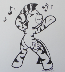 Size: 660x726 | Tagged: safe, artist:latecustomer, oc, oc only, oc:mcmiag, zebra, chest fluff, fake cutie mark, headphones, monochrome, sticky note, traditional art