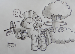 Size: 1280x930 | Tagged: safe, artist:berrypawnch, oc, oc only, oc:mcmiag, zebra, duckface, fake cutie mark, missile launcher, monochrome, mushroom cloud, sticky note, traditional art