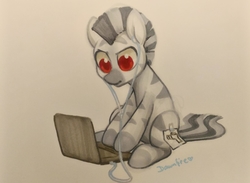 Size: 2867x2098 | Tagged: safe, artist:dawnfire, oc, oc only, oc:mcmiag, zebra, colored pupils, commission, computer, earbuds, fake cutie mark, high res, laptop computer, red eyes, sticky note, traditional art