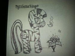 Size: 1024x765 | Tagged: safe, artist:cii, oc, oc only, oc:mcmiag, zebra, annoyed, fake cutie mark, monochrome, poison joke, sticky note, traditional art