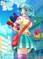 Size: 1440x2000 | Tagged: safe, artist:mauroz, coco pommel, human, g4, bag, carrying, city, clothes, colored pupils, cute, female, humanized, looking back, midriff, miniskirt, open mouth, pleated skirt, signature, skirt, socks, solo, thigh highs, wrapping paper, zettai ryouiki