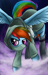 Size: 3300x5100 | Tagged: safe, artist:spiritofthwwolf, rainbow dash, dungeons and discords, g4, absurd resolution, clothes, fantasy class, female, fog, rainbow rogue, raised hoof, rogue, solo, spread wings