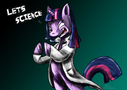 Size: 1200x848 | Tagged: safe, artist:wag-tail, twilight sparkle, pony, g4, bipedal, clothes, crazy eyes, female, lab coat, mad scientist, newbie artist training grounds, solo, text, twilight snapple